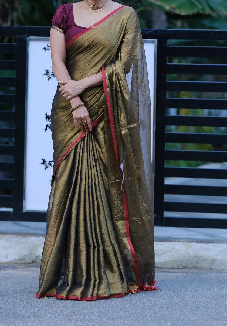 SWARNA:Bengol Tissue Copper Gold saree Preebooking