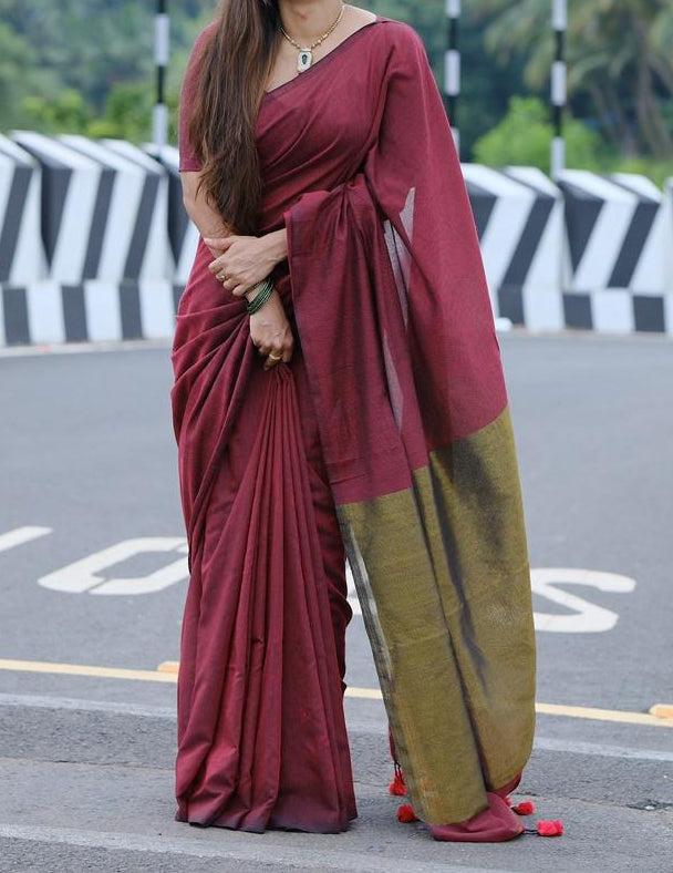 DEVI : BENGAL COTTON MARROON SAREE