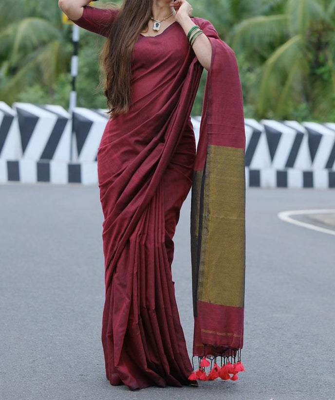 DEVI : BENGAL COTTON MARROON SAREE