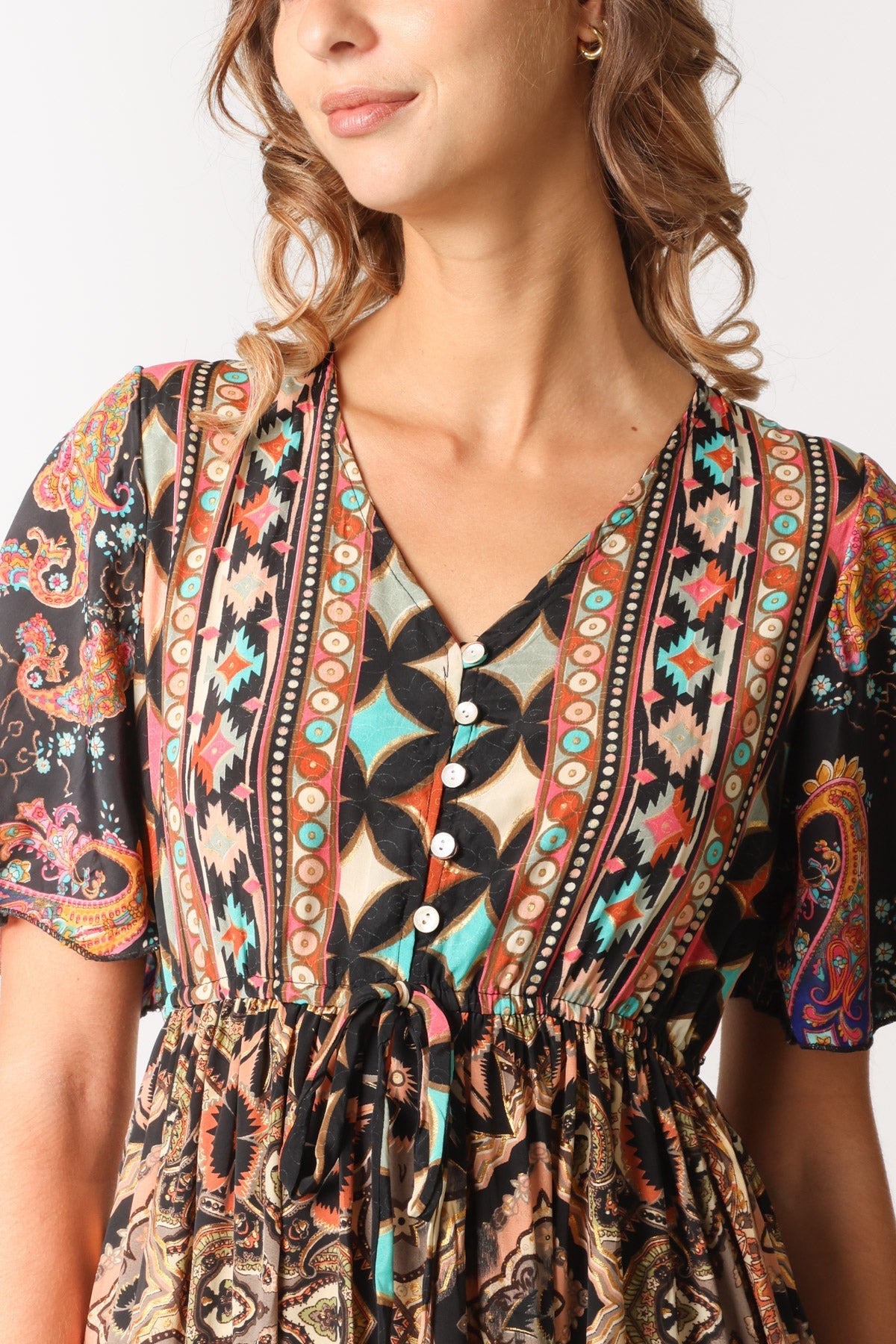 Multi Print Angel Sleeve Button Dress