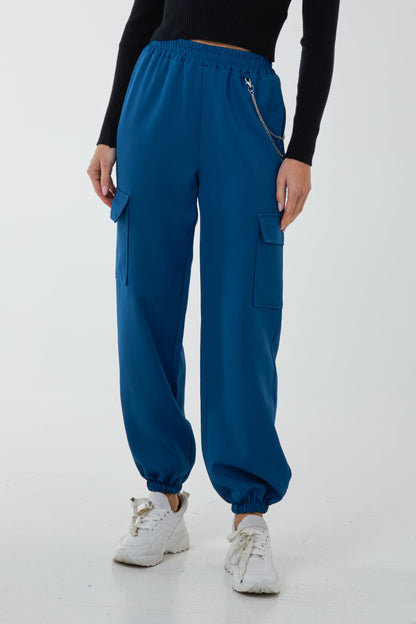 Satin Feel Chain Detail Cargo Trousers