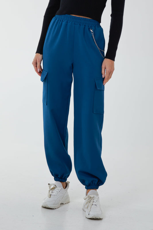Satin Feel Chain Detail Cargo Trousers
