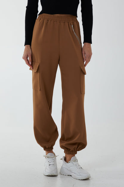Satin Feel Chain Detail Cargo Trousers