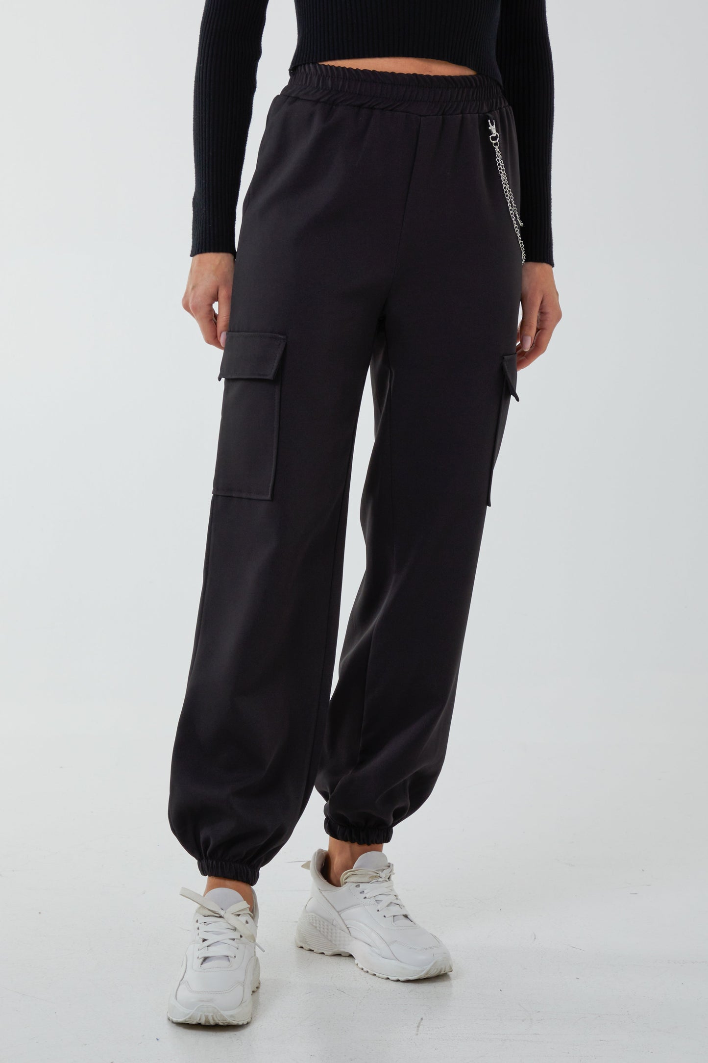 Satin Feel Chain Detail Cargo Trousers