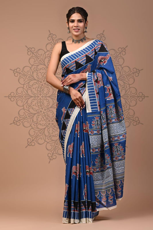 Mul cotton Hand block design blue with cow design- PREE ORDER