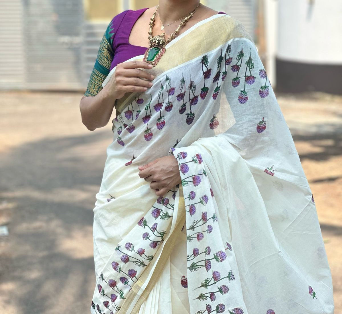 ONAM1 : Puchampalli Pure Cotton Vishu Special Saree with Printed Blouse -PRE ORDER