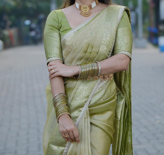 Paper Tissue Banarasi Olive Green Party Wear Saree