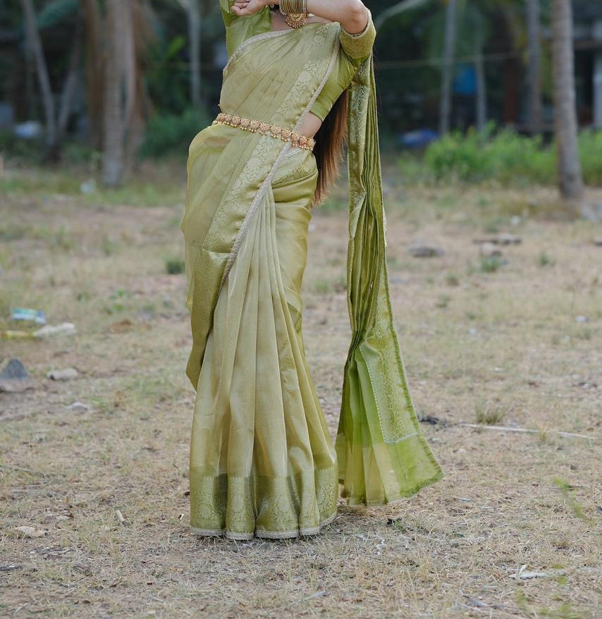 Paper Tissue Banarasi Olive Green Party Wear Saree