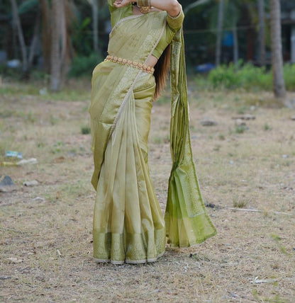Paper Tissue Banarasi Olive Green Party Wear Saree