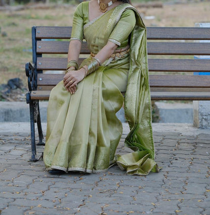 Paper Tissue Banarasi Olive Green Party Wear Saree