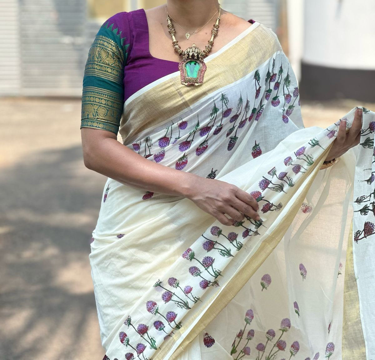 ONAM1 : Puchampalli Pure Cotton Vishu Special Saree with Printed Blouse -PRE ORDER