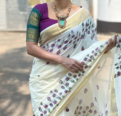 ONAM1 : Puchampalli Pure Cotton Vishu Special Saree with Printed Blouse -PRE ORDER