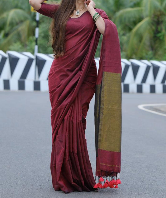 DEVI : BENGAL COTTON MARROON SAREE