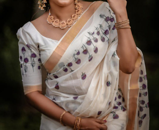 ONAM1 : Puchampalli Pure Cotton Vishu Special Saree with Printed Blouse -PRE ORDER