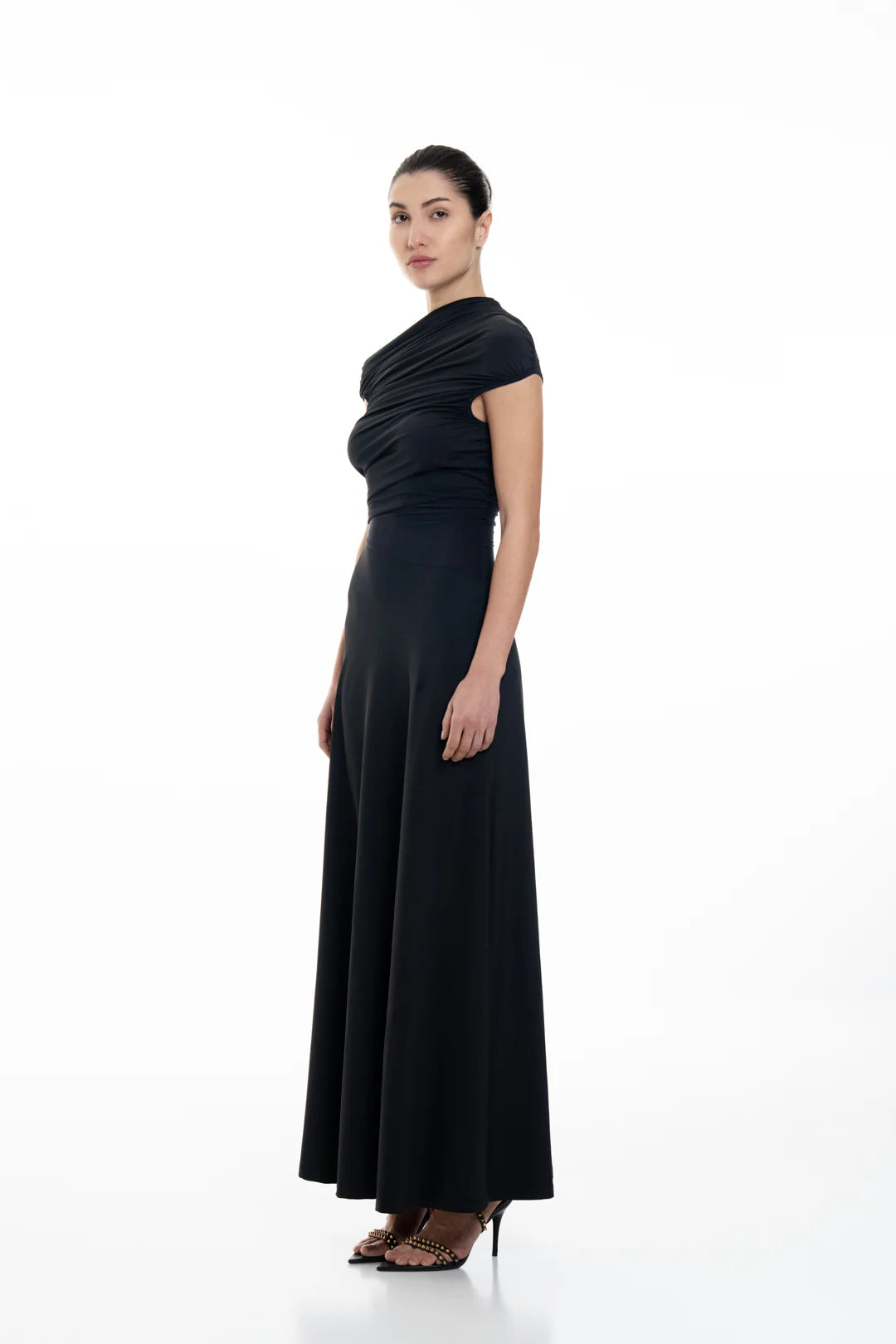 ASYMMETRICAL NECKLINE FLOWY EVENING DRESS
