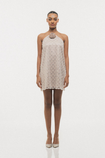 BEIGE BEADED HALTER-NECK MINI DRESS