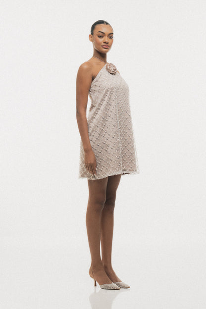 BEIGE BEADED HALTER-NECK MINI DRESS