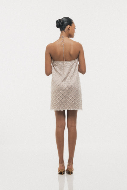 BEIGE BEADED HALTER-NECK MINI DRESS