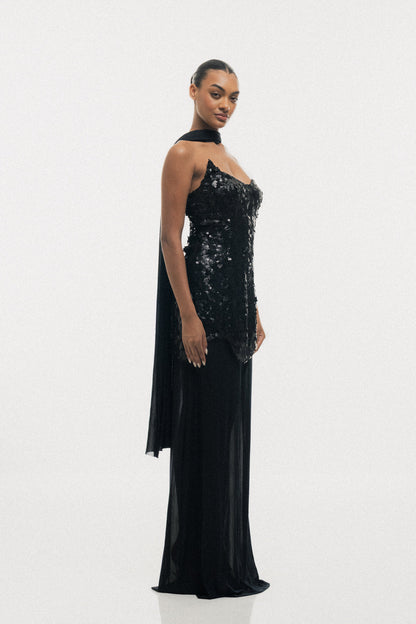 MIDNIGHT BLACK SEQUIN BODYCON MAXI DRESS