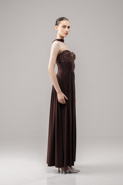 GLOW BROWN SEQUIN FLARED MAXI DRESS
